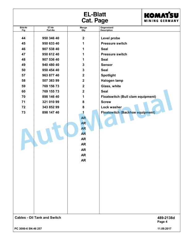 Komatsu PC3000-6 Hydraulic Mining Excavator Parts Manual G46257-4