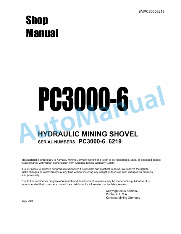 Komatsu PC3000-6 Hydraulic Mining Shovel Shop Manual SMPC30006219