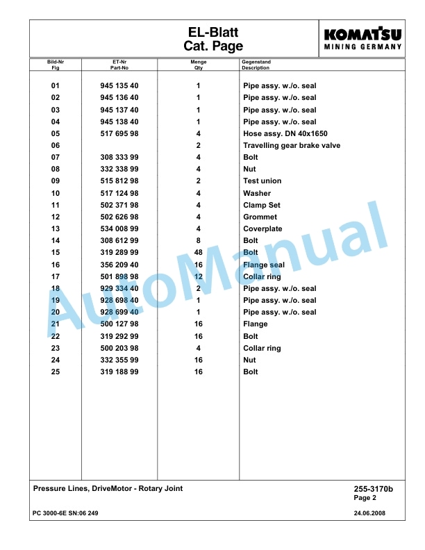 Komatsu PC3000-6E Hydraulic Mining Excavator Parts Manual G06249-3