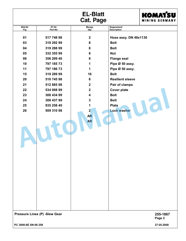 Komatsu PC3000-6E Hydraulic Mining Excavator Parts Manual G06258-2