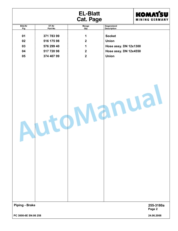 Komatsu PC3000-6E Hydraulic Mining Excavator Parts Manual G06258-3