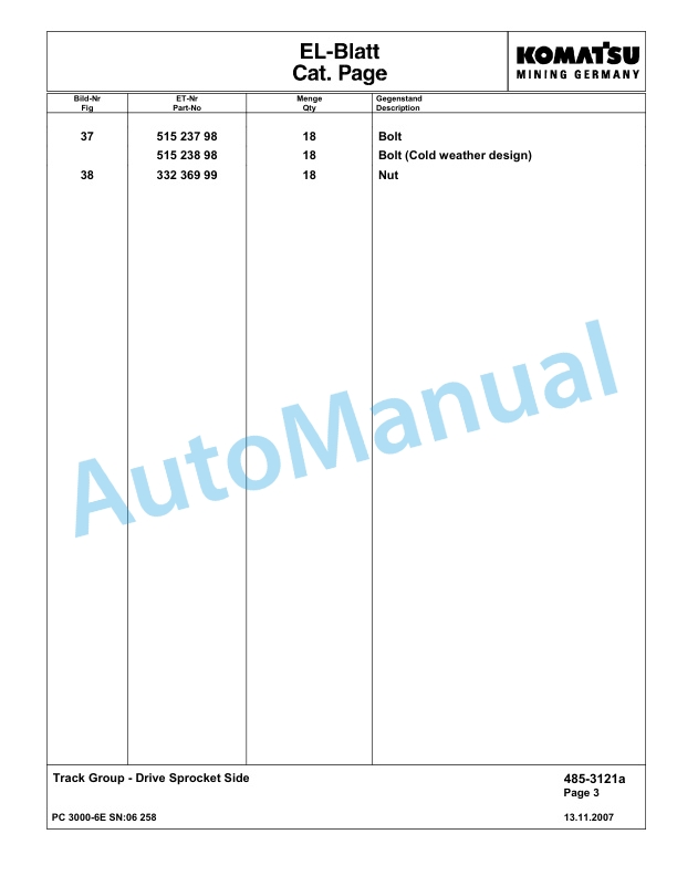 Komatsu PC3000-6E Hydraulic Mining Excavator Parts Manual G06258-4