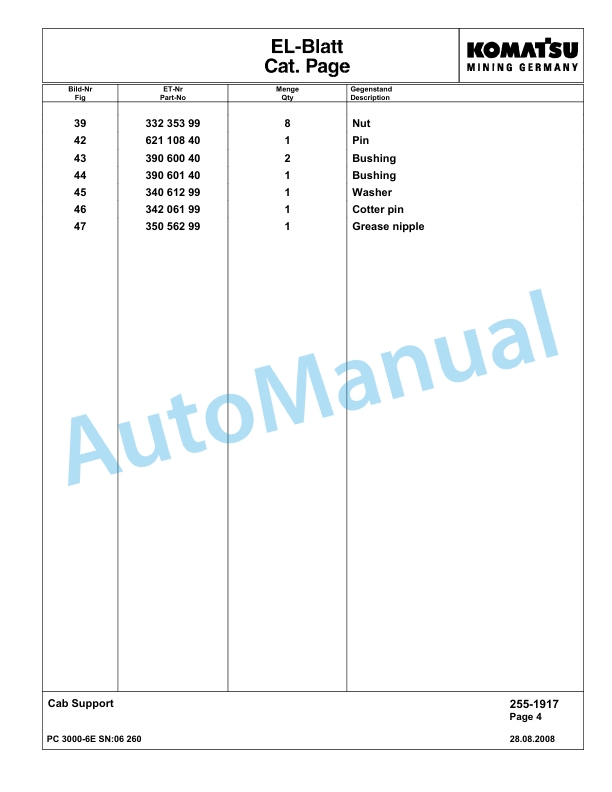 Komatsu PC3000-6E Hydraulic Mining Excavator Parts Manual G06260-2
