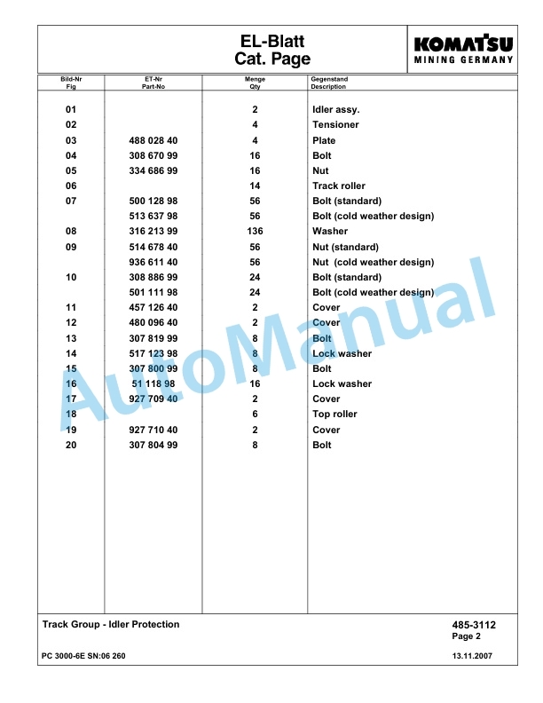 Komatsu PC3000-6E Hydraulic Mining Excavator Parts Manual G06260-4
