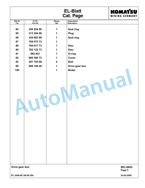 Komatsu PC3000-6E Hydraulic Mining Excavator Parts Manual G06284-5