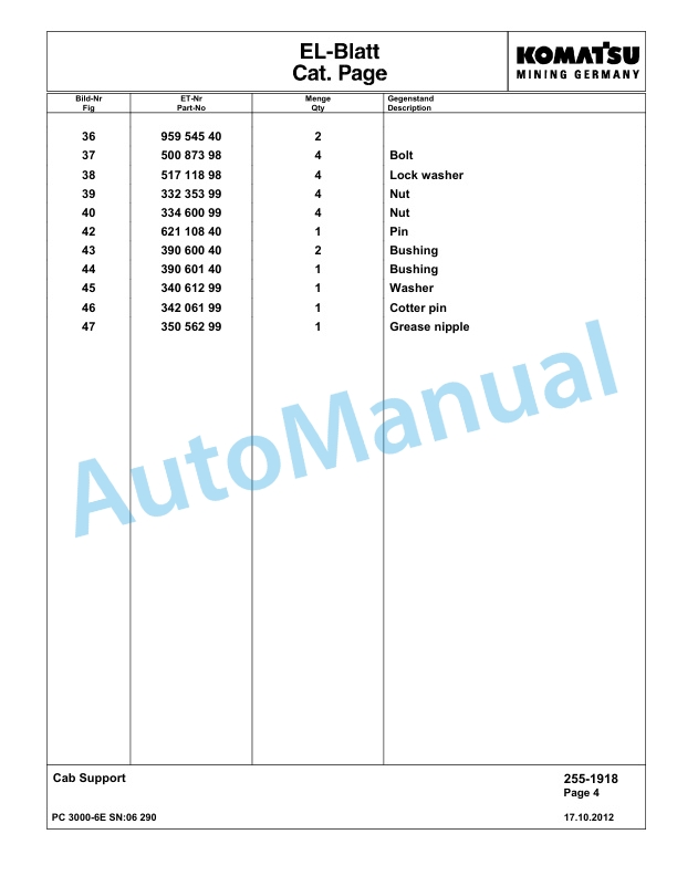 Komatsu PC3000-6E Hydraulic Mining Excavator Parts Manual G06290-2