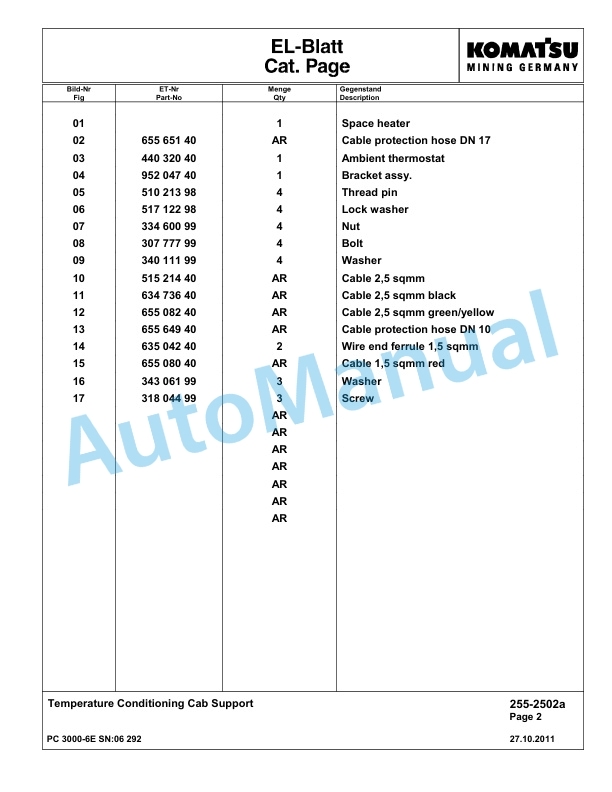 Komatsu PC3000-6E Hydraulic Mining Excavator Parts Manual G06292-3