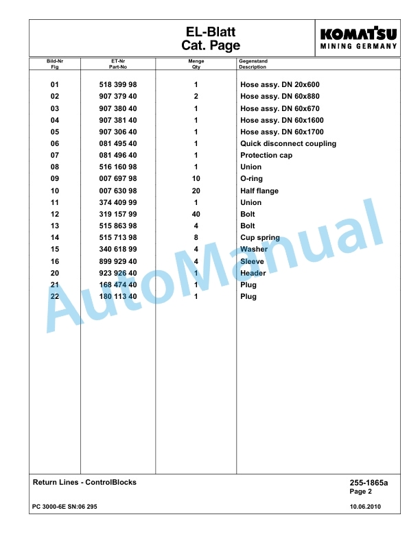 Komatsu PC3000-6E Hydraulic Mining Excavator Parts Manual G06295-2