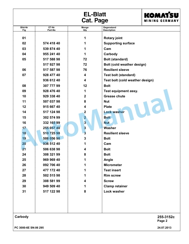 Komatsu PC3000-6E Hydraulic Mining Excavator Parts Manual G06295-3