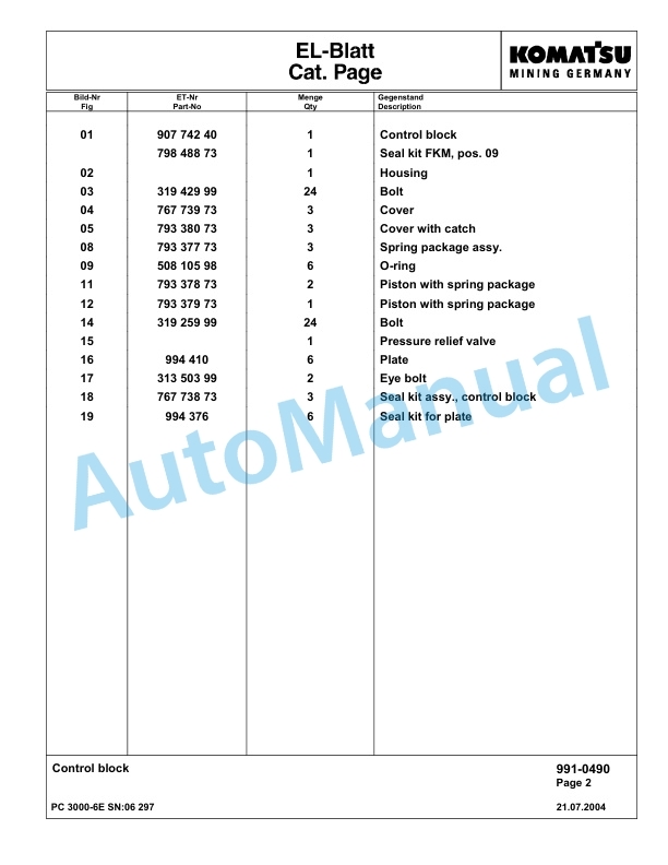 Komatsu PC3000-6E Hydraulic Mining Excavator Parts Manual G06297-5