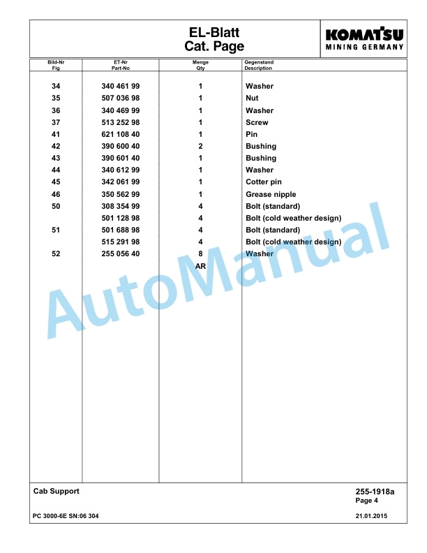 Komatsu PC3000-6E Hydraulic Mining Excavator Parts Manual G06304-2