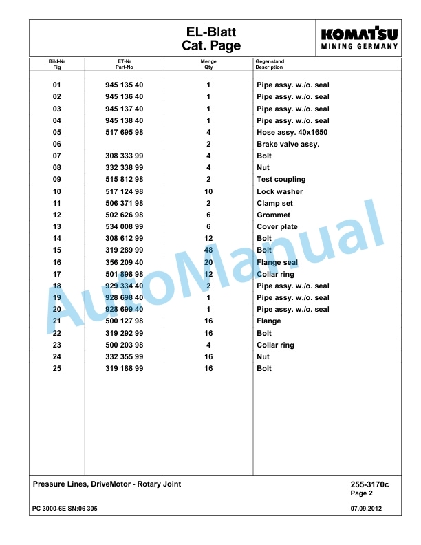 Komatsu PC3000-6E Hydraulic Mining Excavator Parts Manual G06305-3