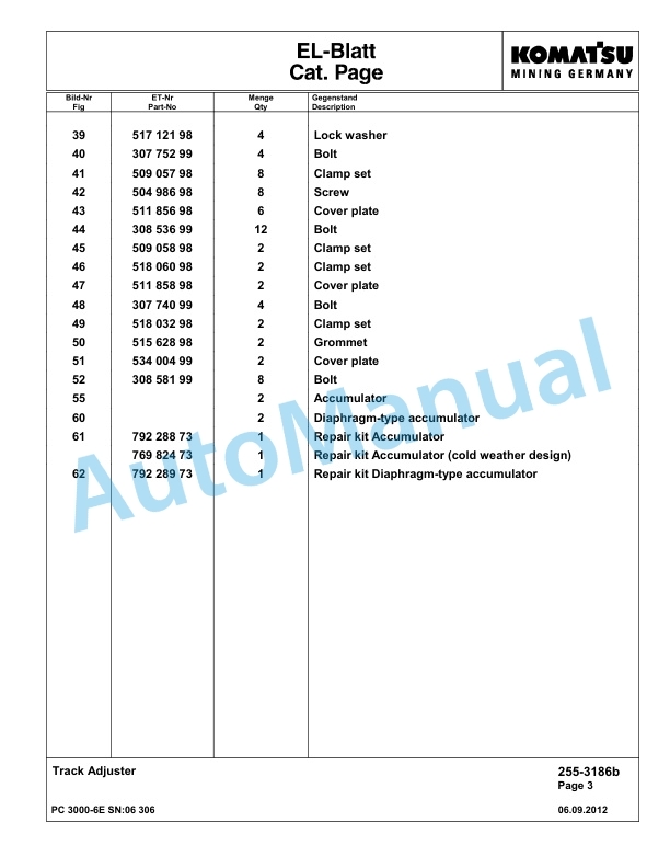 Komatsu PC3000-6E Hydraulic Mining Excavator Parts Manual G06306-3