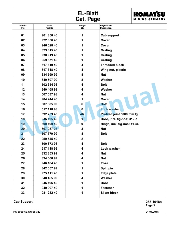 Komatsu PC3000-6E Hydraulic Mining Excavator Parts Manual G06312-2
