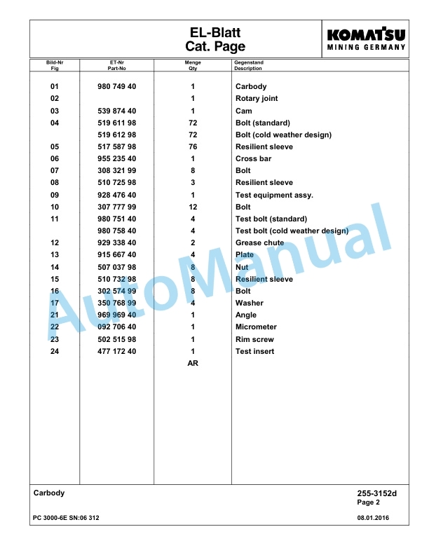 Komatsu PC3000-6E Hydraulic Mining Excavator Parts Manual G06312-3