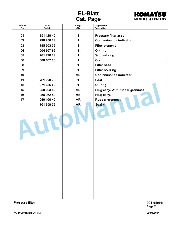 Komatsu PC3000-6E Hydraulic Mining Excavator Parts Manual G06313-5