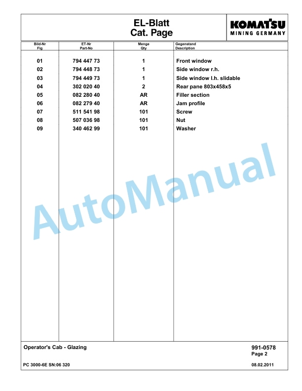 Komatsu PC3000-6E Hydraulic Mining Excavator Parts Manual G06320-5