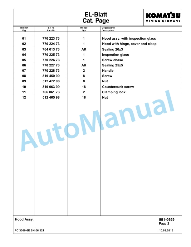 Komatsu PC3000-6E Hydraulic Mining Excavator Parts Manual G06321-5