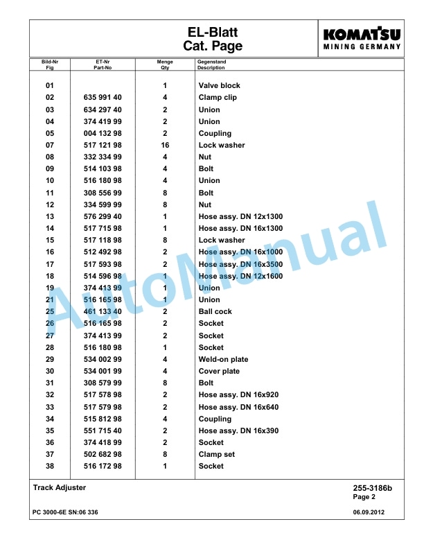 Komatsu PC3000-6E Hydraulic Mining Excavator Parts Manual G06336-3
