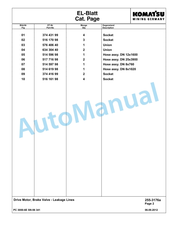 Komatsu PC3000-6E Hydraulic Mining Excavator Parts Manual G06341-3