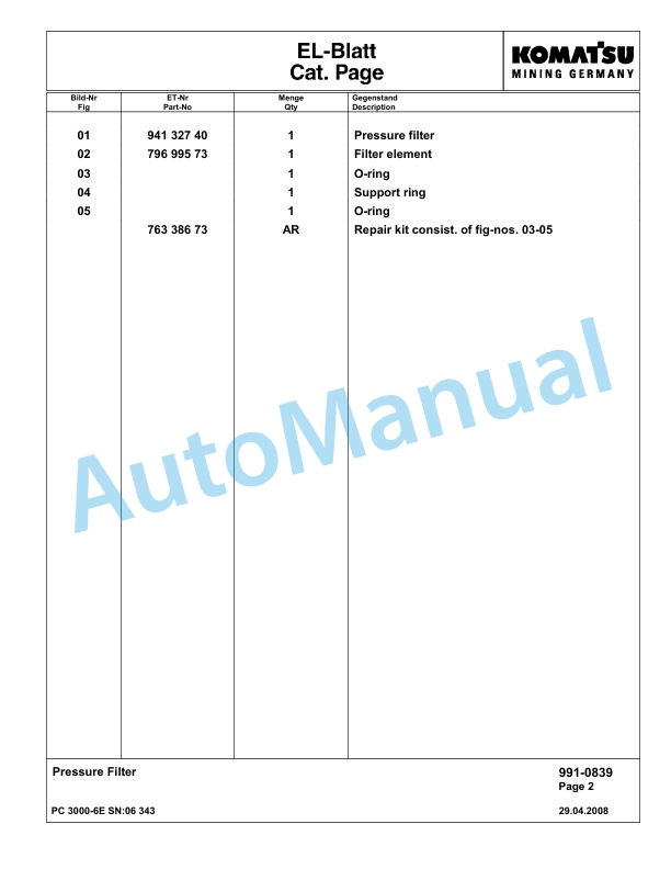 Komatsu PC3000-6E Hydraulic Mining Excavator Parts Manual G06343-5