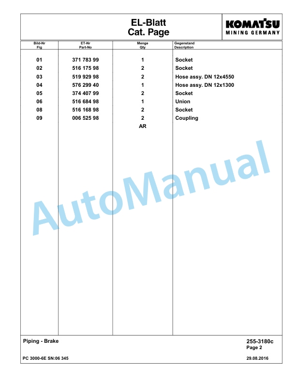 Komatsu PC3000-6E Hydraulic Mining Excavator Parts Manual G06345-3
