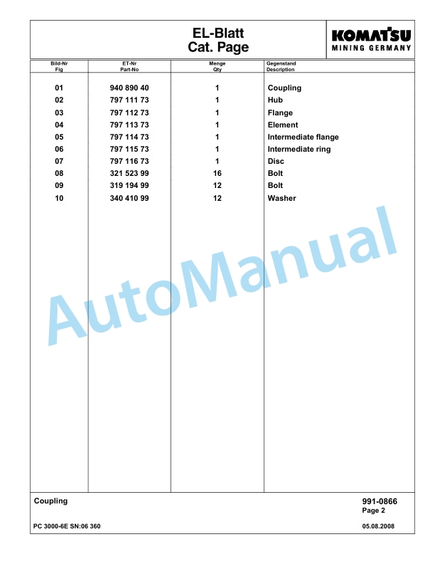 Komatsu PC3000-6E Hydraulic Mining Excavator Parts Manual G06360-5