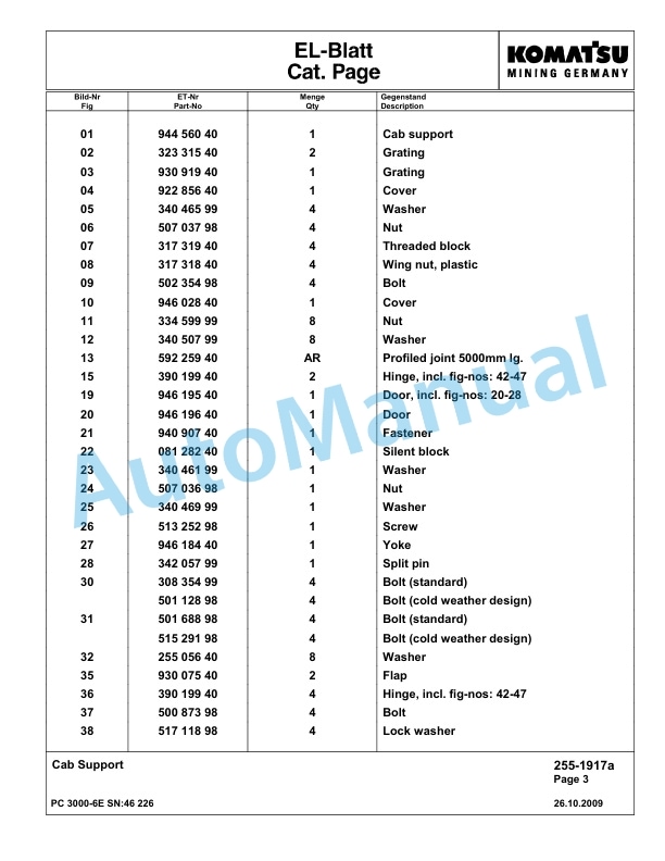 Komatsu PC3000-6E Hydraulic Mining Excavator Parts Manual G46226-2