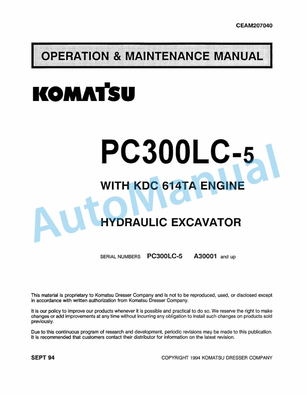 Komatsu PC300LC-5 Hydraulic Excavator Operation and Maintenance Manual CEAM207040