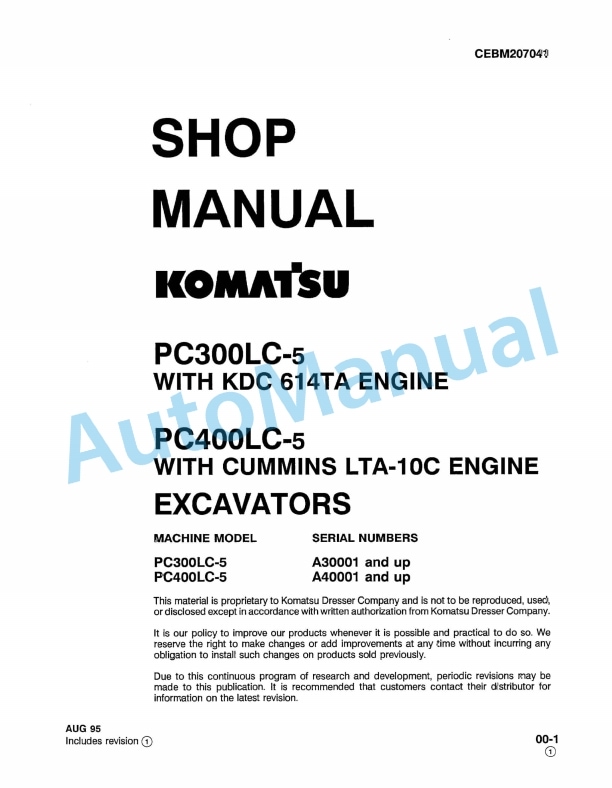 Komatsu PC300LC-5, PC400LC-5 Hydraulic Excavator Shop Manual CEBM207041