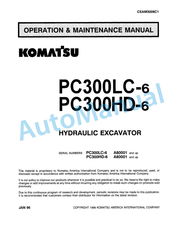 Komatsu PC300LC-6, PC300HD-6 Hydraulic Excavator Operation and Maintenance Manual CEAM3006C1
