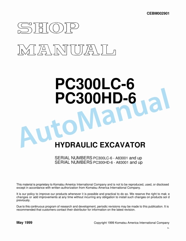 Komatsu PC300LC-6, PC300HD-6 Hydraulic Excavator Shop Manual CEBM002901