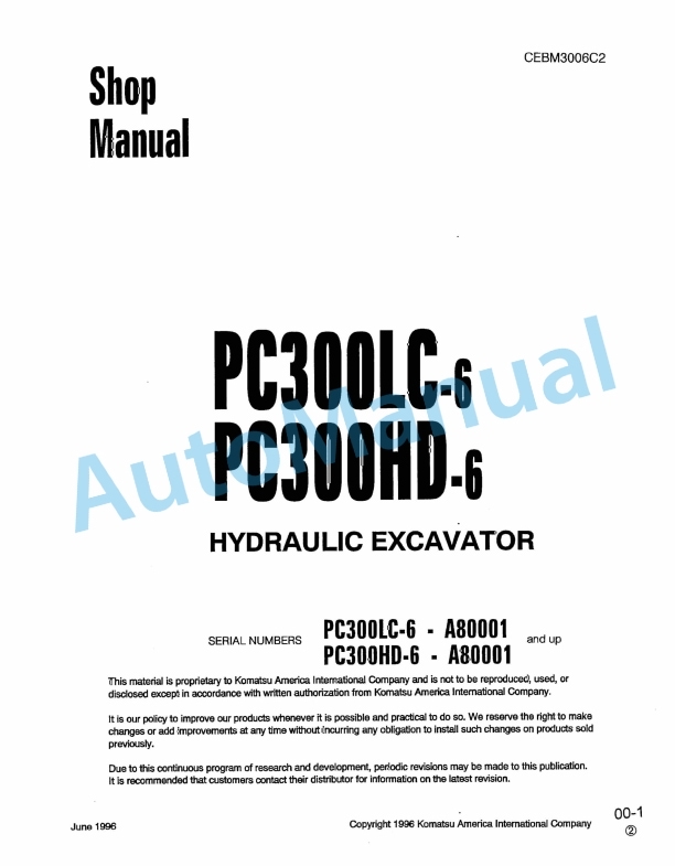Komatsu PC300LC-6, PC300HD-6 Hydraulic Excavator Shop Manual CEBM3006C2