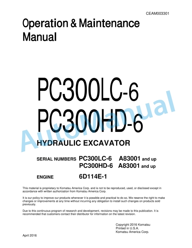 Komatsu PC300LC-6LK, PC300HD-6LK Hydraulic Excavator Operation and Maintenance Manual CEAM003301