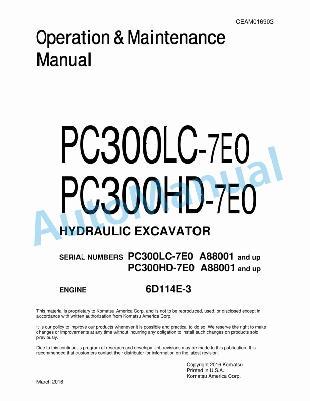 Komatsu PC300LC-7E0, PC300HD-7E0 Hydraulic Excavator Operation and Maintenance Manual CEAM016903