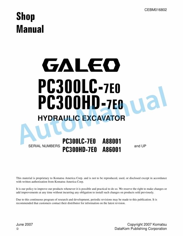 Komatsu PC300LC-7E0, PC300HD-7E0 Hydraulic Excavator Shop Manual CEBM016802