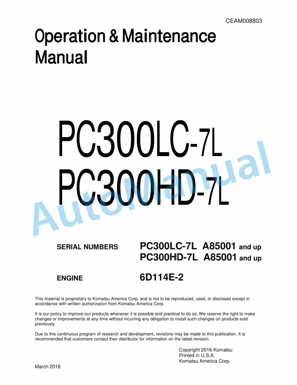 Komatsu PC300LC-7L, PC300HD-7L Hydraulic Excavator Operation and Maintenance Manual CEAM008803