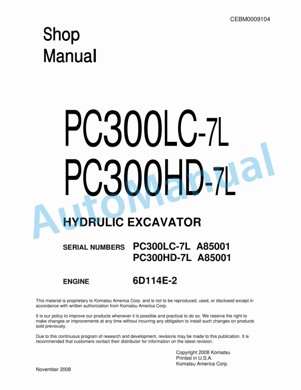 Komatsu PC300LC-7L, PC300HD-7L Hydraulic Excavator Shop Manual CEBM009104