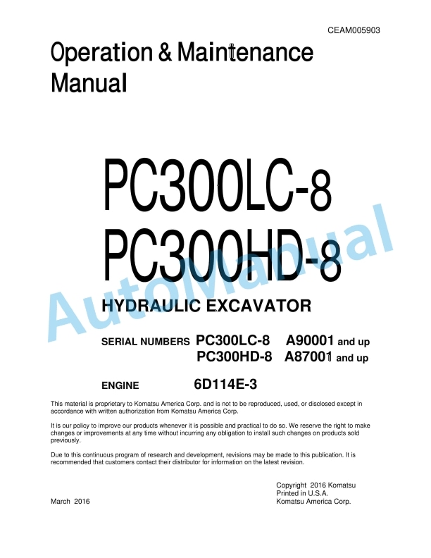 Komatsu PC300LC-8, PC300HD-8 Hydraulic Excavator Operation and Maintenance Manual CEAM005903