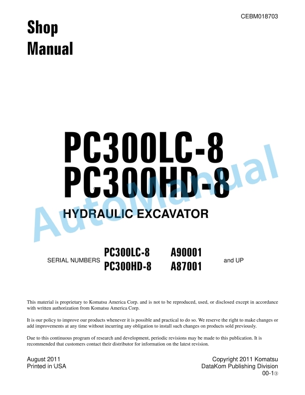 Komatsu PC300LC-8, PC300HD-8 Hydraulic Excavator Shop Manual CEBM018703