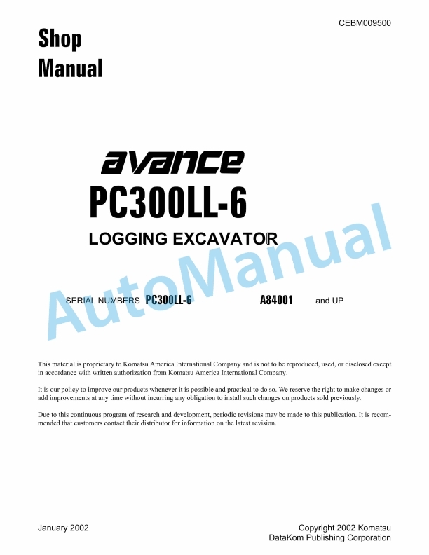 Komatsu PC300LL-6 Logging Excavator Shop Manual CEBM009500