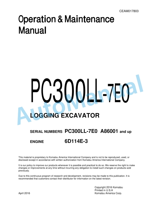 Komatsu PC300LL-7E0 Logging Excavator Operation and Maintenance Manual CEAM017803