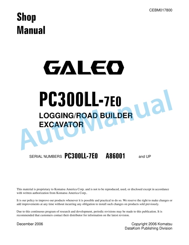 Komatsu PC300LL-7E0 Logging Excavator Shop Manual CEBM017800