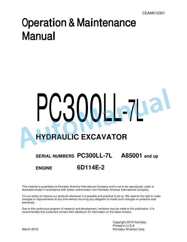 Komatsu PC300LL-7L Hydraulic Excavator Operation and Maintenance Manual CEAM012301