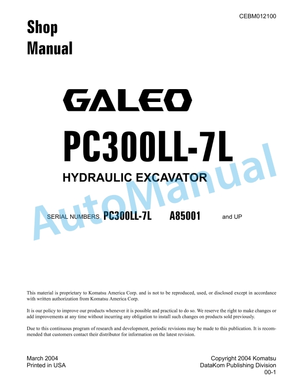 Komatsu PC300LL-7L Hydraulic Excavator Shop Manual CEBM012100