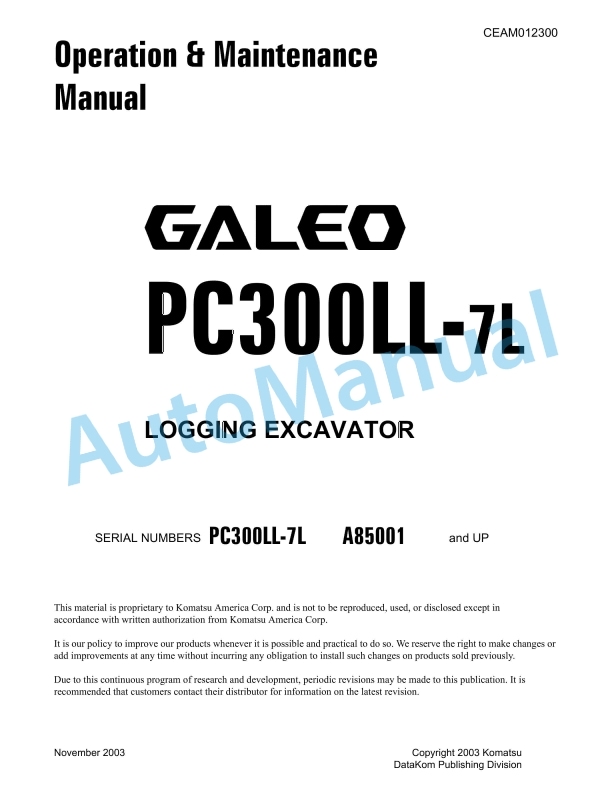 Komatsu PC300LL-7L Logging Excavator Operation and Maintenance Manual CEAM012300