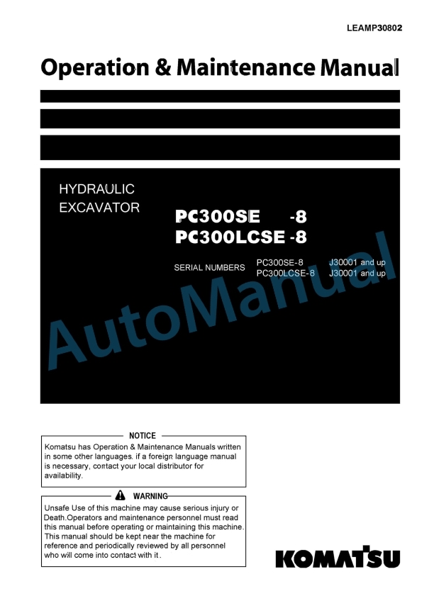 Komatsu PC300SE-8, PC300LCSE-8 Hydraulic Excavator Operation and Maintenance Manual LEAMP30802