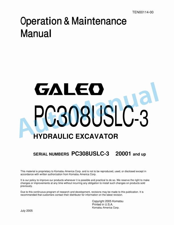 Komatsu PC308USLC-3 Galeo Hydraulic Excavator Operation and Maintenance Manual TEN00114-00
