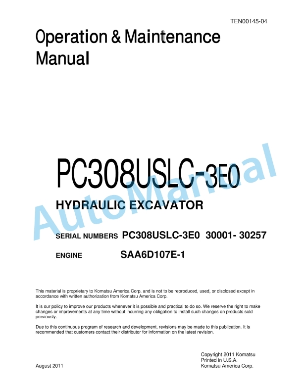 Komatsu PC308USLC-3E0 Hydraulic Excavator Operation and Maintenance Manual TEN00145-04