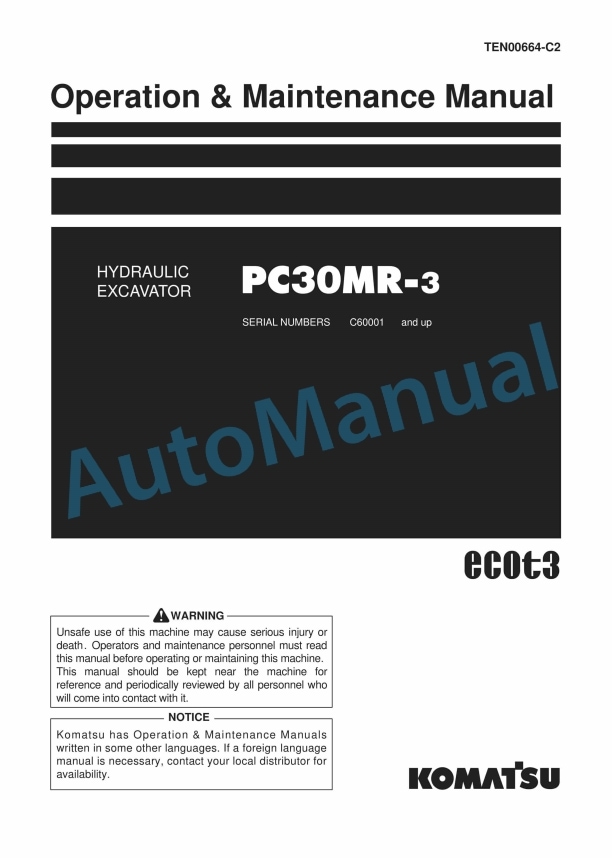 Komatsu PC30MR-3 Hydraulic Excavator Operation and Maintenance Manual TEN00664-C2